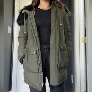 Zara Khaki Green Padded Puffer Hooded Parka Coat